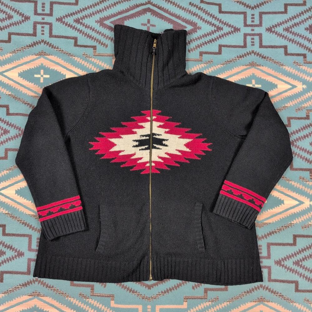 Lauren Ralph Lauren Lamb's Wool Navajo Sweater Zip Black Aztec XXL Vintage
